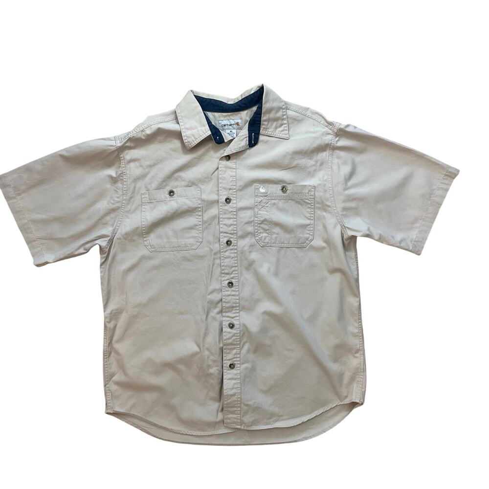 Carhartt Men’s Beige Short Sleeve Work Shirt XL Regular Cotton Button Front